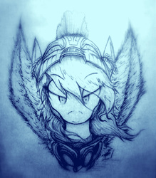 Size: 869x993 | Tagged: safe, artist:tamikimaru, rainbow dash, g4, armor, female, gradient background, helmet, monochrome, solo, spread wings, traditional art, wings