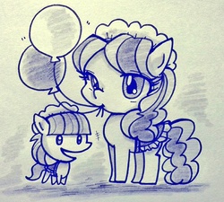 Size: 600x541 | Tagged: safe, artist:sechst_himmel, tote bag (g4), twinkleworks, earth pony, pony, crusaders of the lost mark, g4, background pony, balloon, clothes, maid, monochrome, mouth hold