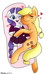 Size: 626x1001 | Tagged: safe, artist:melodicmarzipan, applejack, rarity, g4, body pillow, clothes, eyes closed, female, heart, implied shipping, lesbian, school uniform, ship:rarijack, shipping, simple background, solo, white background