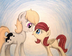 Size: 1338x1050 | Tagged: safe, artist:thefriendlyelephant, oc, oc only, earth pony, pegasus, pony, cute, duo, female, filly, leaning, silly, size difference, smiling, tongue out, traditional art