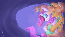 Size: 1280x725 | Tagged: safe, artist:aquaticsun, applejack, rarity, g4, clothes, dress, female, hug, lesbian, ship:rarijack, shipping