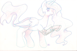 Size: 1695x1130 | Tagged: safe, artist:pekou, princess celestia, g4, amputee, artificial hoof, concerned, fanfic art, female, lost to the sands, solo, traditional art