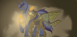 Size: 1024x504 | Tagged: safe, artist:thepurpleusagi, oc, oc only, oc:brass lantern, oc:free form, changeling, changeling queen, changeling queen oc, female, glowing horn, grin, horn, lantern, magic, married couple, mist, raised hoof, saddle bag, shadhavar, telekinesis, unshorn fetlocks, walking, yellow changeling