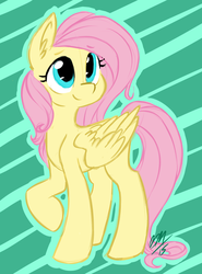 Size: 1280x1733 | Tagged: safe, artist:quinn-kittie, fluttershy, g4, female, looking away, looking up, raised hoof, smiling, solo, turned head