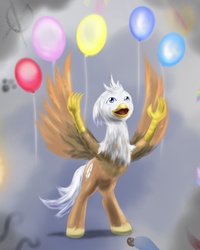 Size: 1024x1280 | Tagged: safe, artist:kwendynew, oc, oc only, oc:silver quill, classical hippogriff, hippogriff, balloon, continuity, hippogriff oc, male, non-pony oc, solo
