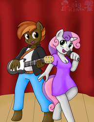 Size: 2543x3291 | Tagged: safe, artist:bigrinth, button mash, sweetie belle, anthro, unguligrade anthro, g4, clothes, dress, duo, female, guitar, high res, male, ship:sweetiemash, shipping, singing, straight