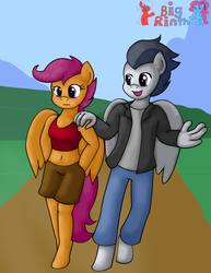 Size: 2543x3291 | Tagged: safe, artist:bigrinth, rumble, scootaloo, anthro, unguligrade anthro, g4, belly button, blushing, clothes, duo, female, high res, male, midriff, ship:rumbloo, shipping, straight, tank top