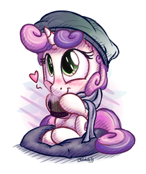 Size: 1512x1800 | Tagged: safe, artist:bobdude0, sweetie belle, pony, unicorn, g4, accessory, blanket, blushing, cute, diasweetes, drink, drinking, female, filly, foal, hat, heart, smiling, solo, sweet dreams fuel