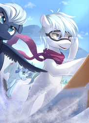 Size: 1187x1630 | Tagged: safe, artist:aymint, part of a set, double diamond, night glider, party favor, earth pony, pegasus, pony, unicorn, g4, clothes, cloud, crepuscular rays, female, flying, goggles, male, mare, mountain, open mouth, scarf, seasons, skiing, skis, sky, smiling, snow, snowboard, snowboarding, spread wings, stallion, trio, wings, winter