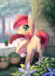 Size: 1187x1630 | Tagged: safe, artist:aymint, part of a set, roseluck, earth pony, pony, g4, blushing, bouquet, brick wall, colored pupils, cute, female, flower, forest, looking at you, mare, one eye closed, petals, potted plant, raised hoof, ribbon, rosabetes, rose, seasons, smiling, smiling at you, solo, spring, table, tablecloth, tree, wink, winking at you