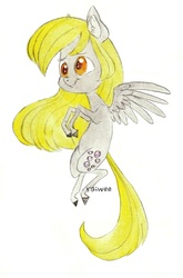 Size: 1015x1534 | Tagged: safe, artist:raiwee, derpy hooves, pegasus, pony, g4, female, floating, mare, simple background, solo, spread wings, traditional art