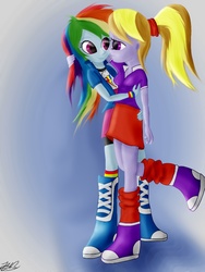 Size: 768x1024 | Tagged: safe, artist:jabbie64, cloudy kicks, rainbow dash, equestria girls, g4, boots, clothes, collar, embrace, female, friendshipping, hug, implied lesbian, implied shipping, looking at each other, looking at someone, shirt, shoes, skirt, socks, t-shirt, teenager, wristband