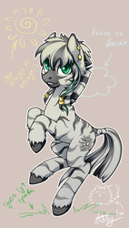 Size: 600x1060 | Tagged: safe, artist:arctic-fox, oc, oc only, oc:patrick poe, zebra, beige background, braid, cyrillic, earring, female, looking at you, mare, piercing, russian, simple background, solo, translated in the comments, unshorn fetlocks