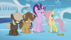 Size: 1280x720 | Tagged: safe, screencap, dumbbell, fluttershy, hoops, starlight glimmer, pegasus, pony, unicorn, g4, the cutie re-mark, animated, cute, discovery family logo, female, filly, filly fluttershy, mare, s5 starlight, shyabetes, younger