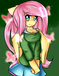 Size: 1852x2379 | Tagged: safe, artist:rooxierookie4, fluttershy, butterfly, pegasus, anthro, g4, blue skirt, blushing, bra, breasts, cleavage, clothes, cute, cyan eyes, digital art, female, green sweater, hands together, looking at you, mare, off shoulder, off shoulder sweater, pink hair, skirt, solo, standing, sweater, sweatershy, tank top, underwear, white bra, white underwear, yellow coat