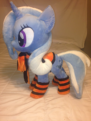 Size: 1024x1365 | Tagged: safe, artist:karasunezumi, trixie, pony, unicorn, g4, clothes, female, irl, mare, photo, plushie, saddle, scarf, socks, solo, striped socks, thigh highs