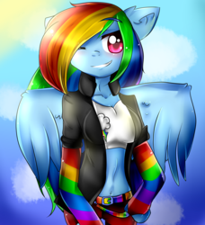 Size: 2104x2309 | Tagged: safe, artist:rooxierookie4, rainbow dash, anthro, g4, belly button, belt, breasts, cleavage, clothes, female, grin, high res, leather jacket, midriff, one eye closed, solo, wink