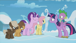 Size: 1280x720 | Tagged: safe, screencap, dumbbell, fluttershy, hoops, spike, starlight glimmer, twilight sparkle, alicorn, dragon, pony, g4, the cutie re-mark, animated, cute, discovery family logo, dragons riding ponies, female, filly, filly fluttershy, mare, petting, riding, shyabetes, spike riding twilight, twilight sparkle (alicorn), younger