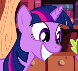 Size: 364x331 | Tagged: safe, screencap, spike, twilight sparkle, dragon, pony, unicorn, g4, lesson zero, animated, blinking, cute, female, grin, happy, looking at something, looking down, male, mare, smiling, solo focus, squee, twiabetes, unicorn twilight