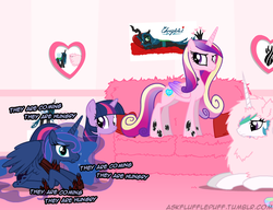 Size: 650x500 | Tagged: safe, artist:mixermike622, princess cadance, princess celestia, princess luna, queen chrysalis, twilight sparkle, oc, oc:fluffle puff, oc:marksaline, alicorn, pony, tumblr:ask fluffle puff, g4, accessory swap, alicorn tetrarchy, dead space, female, fluffylestia, madness mantra, majestic as fuck, mare, personality swap, role reversal, roleplaying, sad, swap, twilight sparkle (alicorn)