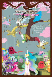 Size: 1216x1800 | Tagged: safe, applejack, derpy hooves, discord, fluttershy, pinkie pie, princess celestia, rainbow dash, rarity, flying pig, pegasus, pig, pony, g4, season 2, the return of harmony, enterplay, evil grin, eyes closed, female, flying, frown, grin, mare, open mouth, poster, scared, spread wings