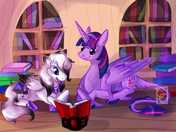 Size: 1200x900 | Tagged: safe, artist:candychameleon, twilight sparkle, oc, oc:swift ghost, alicorn, pegasus, pony, g4, book, golden oaks library, library, lying down, smiling, twilight sparkle (alicorn)