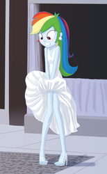 Size: 655x1060 | Tagged: safe, artist:carnifex, rainbow dash, equestria girls, g4, blushing, clothes, covering, dress, embarrassed, feet, female, gritted teeth, high heels, looking down, marilyn monroe, parody, rainbow dash always dresses in style, sandals, sexy, skirt, skirt blow, skirt lift, solo, the seven year itch, tomboy taming, wide eyes, wind