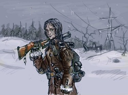 Size: 900x670 | Tagged: safe, artist:agm, oc, oc only, human, fallout equestria, fallout equestria: the fossil, backpack, clothes, female, grenade launcher, humanized, humanized oc, looking at you, smiling, snow, solo, weapon, winter