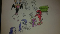 Size: 900x506 | Tagged: safe, artist:geekygraphics42, rarity, spike, g4, crossover, knuckles the echidna, male, master emerald, rouge the bat, sonic the hedgehog (series), traditional art