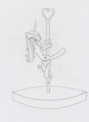 Size: 2042x2806 | Tagged: safe, fleur-de-lis, pony, unicorn, g4, black and white, female, grayscale, high res, mare, monochrome, pencil drawing, pole dancing, simple background, traditional art, white background