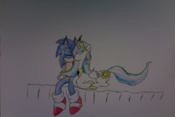 Size: 1280x853 | Tagged: safe, artist:redrangerki, princess celestia, g4, crossover, kissing, male, shipping, sonic the hedgehog, sonic the hedgehog (series), soniclestia, traditional art