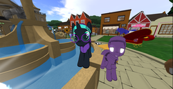 Size: 1368x705 | Tagged: safe, oc, oc only, oc:nyx, oc:violent violet, alicorn, pony, alicorn oc, five nights at freddy's, imminent death, purple guy, second life, trotsdale