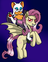 Size: 2459x3145 | Tagged: safe, artist:heartshielder1991, fluttershy, bat pony, pony, g4, apple, crossover, flutterbat, food, high res, riding, rouge the bat, sonic the hedgehog (series)