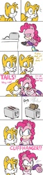 Size: 397x1590 | Tagged: dead source, safe, artist:atomiclance, pinkie pie, earth pony, anthro, g4, bread, comic, crossover, food, male, miles "tails" prower, sonic the hedgehog (series), sonicified, toast, toaster