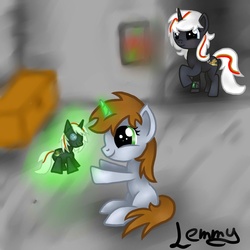 Size: 1600x1600 | Tagged: safe, artist:lemmy, oc, oc only, oc:littlepip, oc:velvet remedy, pony, unicorn, fallout equestria, fanfic, fanfic art, female, filly, filly littlepip, glowing horn, hooves, horn, levitation, magic, pipbuck, plushie, signature, sitting, smiling, stable (vault), stable 2, telekinesis, vault, young
