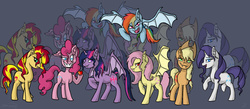 Size: 2300x1000 | Tagged: safe, artist:shimazun, applejack, fluttershy, pinkie pie, rainbow dash, rarity, sunset shimmer, twilight sparkle, alicorn, bat pony, pony, g4, alternate mane seven, female, flutterbat, mane six, mare, pinkiebat, twilight sparkle (alicorn)