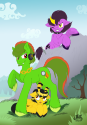 Size: 838x1195 | Tagged: safe, artist:aquariasc, artist:husky-foxgryph, charmy bee, collaboration, espio the chameleon, male, palindrome get, ponified, sonic the hedgehog (series), unshorn fetlocks, vector the crocodile