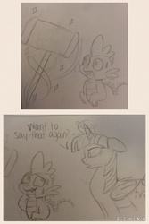 Size: 800x1200 | Tagged: safe, artist:zigragirl, spike, twilight sparkle, alicorn, dragon, pony, g4, female, mallet, mare, monochrome, pencil drawing, text, traditional art, twilight sparkle (alicorn)