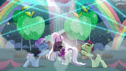 Size: 1920x1080 | Tagged: safe, screencap, coloratura, limelight, new wave (g4), spectrum shades, turbo bass, pony, g4, the mane attraction, background dancers, butt, cheekbones, coloraturump, countess coloratura, female, mare, plot, raised leg, stage