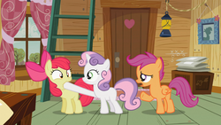 Size: 1366x768 | Tagged: safe, screencap, apple bloom, scootaloo, sweetie belle, earth pony, pegasus, pony, unicorn, family appreciation day, g4, cutie mark crusaders, female, filly, hoof in mouth