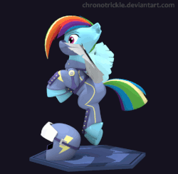 Size: 543x533 | Tagged: safe, artist:chronotrickle, rainbow dash, g4, the cutie re-mark, 3d, alternate timeline, amputee, animated, apocalypse dash, augmented, clothes, crystal war timeline, female, flight suit, flying, helmet, prosthetic limb, prosthetic wing, prosthetics, solo, torn ear, turnaround