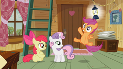 Size: 1366x768 | Tagged: safe, screencap, apple bloom, scootaloo, sweetie belle, family appreciation day, g4, cutie mark crusaders, idea, jumping, lamp