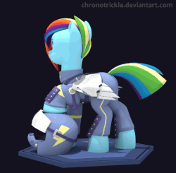 Size: 543x533 | Tagged: safe, artist:chronotrickle, rainbow dash, pegasus, pony, g4, the cutie re-mark, 3d, alternate timeline, amputee, animated, apocalypse dash, augmented, butt, clothes, crystal war timeline, female, flight suit, helmet, mare, plot, prosthetic limb, prosthetic wing, prosthetics, solo, turnaround