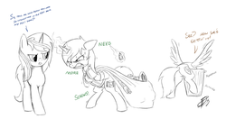 Size: 3569x1889 | Tagged: safe, artist:brisineo, oc, oc only, oc:calamity, oc:littlepip, oc:velvet remedy, pegasus, pony, unicorn, fallout equestria, black and white, brand, clothes, fallout, fallout 4, fanfic, fanfic art, female, glowing horn, grayscale, grimace, horn, jumpsuit, looting, magic, male, mare, monochrome, pipbuck, simple background, stallion, sweat, telekinesis, trash, vault suit, white background, wings