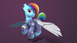 Size: 1920x1080 | Tagged: safe, artist:chronotrickle, rainbow dash, g4, the cutie re-mark, 3d, alternate timeline, amputee, apocalypse dash, augmented, clothes, crystal war timeline, female, flight suit, flying, prosthetic limb, prosthetic wing, prosthetics, solo, torn ear