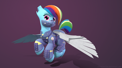 Size: 1920x1080 | Tagged: safe, artist:chronotrickle, rainbow dash, g4, the cutie re-mark, 3d, alternate timeline, amputee, apocalypse dash, augmented, clothes, crystal war timeline, female, flight suit, flying, prosthetic limb, prosthetic wing, prosthetics, solo, torn ear