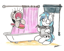 Size: 1975x1592 | Tagged: safe, artist:bobthedalek, dj pon-3, octavia melody, vinyl scratch, earth pony, pony, unicorn, g4, bath, bathroom, bathtub, brush, confused, implied pooping, newspaper, nose in the air, potty time, screaming, shower curtain, sitting on toilet, toilet, traditional art, volumetric mouth
