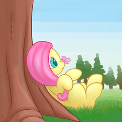 Size: 1024x1024 | Tagged: safe, artist:cristpony, fluttershy, butterfly, g4, butterfly on nose, female, insect on nose, lying, missing cutie mark, on back, solo, under the tree, wingless