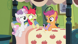Size: 1366x768 | Tagged: safe, screencap, apple bloom, scootaloo, sweetie belle, pony, family appreciation day, g4, backwards thermometer, cutie mark crusaders, food, grapes, thermometer