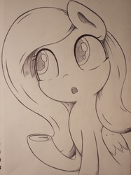 Size: 2366x3155 | Tagged: safe, artist:citizensmiley, fluttershy, g4, female, folded wings, grayscale, high res, monochrome, pen drawing, simple background, solo, traditional art, underhoof